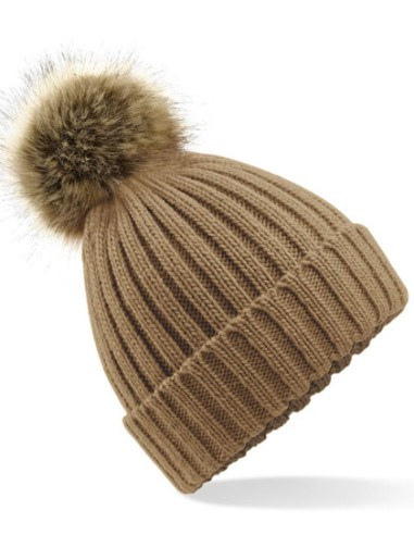 BEE-B412-Faux Fur Pop Pom Chunky Beanie